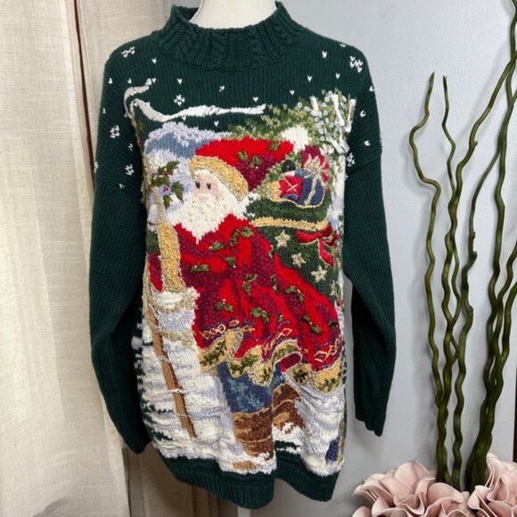 90s Vintage Tiara International Santa Claus Christmas Sweater Sequins Large - Picture 1 of 14
